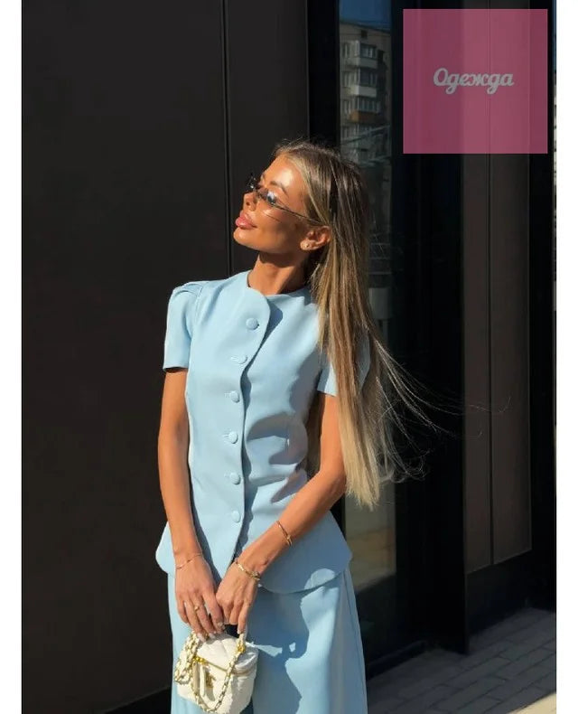 Elegant Solid Satin Coat Women Chic Round Neck Puff Short Sleeve Single Breasted Waist Cinching Jacket 2026 Lady Street Top