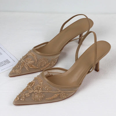 Women's Floral Embroidered Mesh Slingback Stiletto Heels | Bridal & Evening | EU 36–41