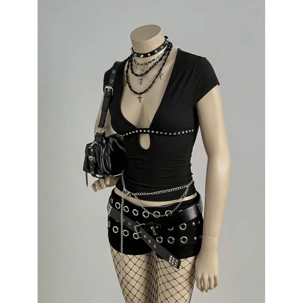 Gothic Punk Top Women Black Stud Embellished Deep V Neck Cutout Short Sleeve Fitted Blouse 2026