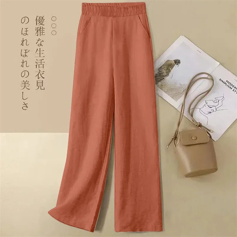 Linen Wide Leg Pants Women New Summer Thin Elastic High Waist Long Pants Autumn Casual Loose Cotton And Linen Straight Trousers