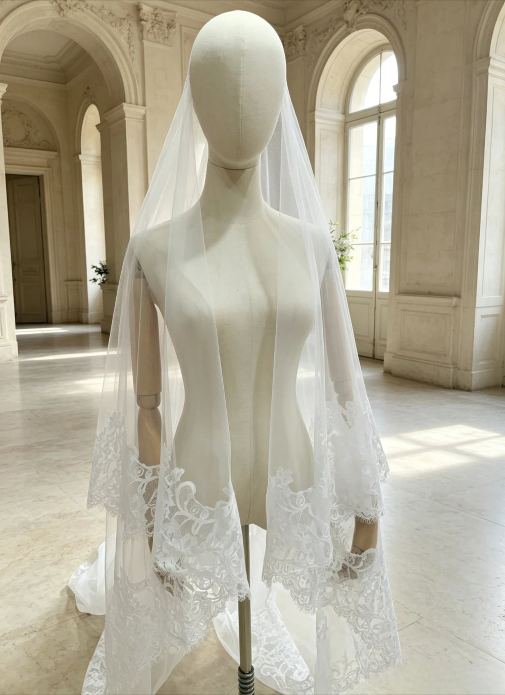 Lace-Edge Cathedral Bridal Veil | Two-Tier with Blusher | Braviixx