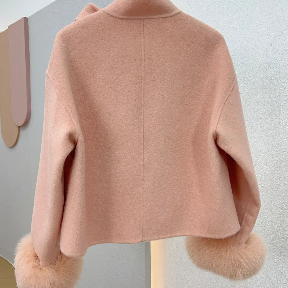 Women's Bow-Neck Short Coat | Fluffy Cuffs & Button Front | Braviixx