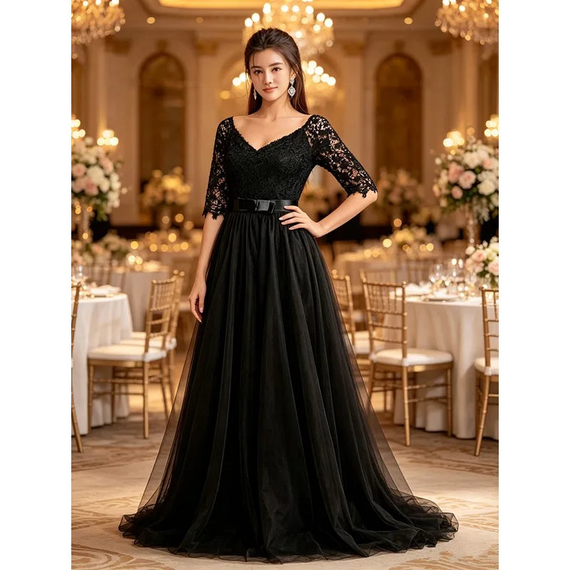 V-Neck Off Shoulder Lace Tulle A-Line Maxi Gown | Bridesmaid & Wedding Guest Dress