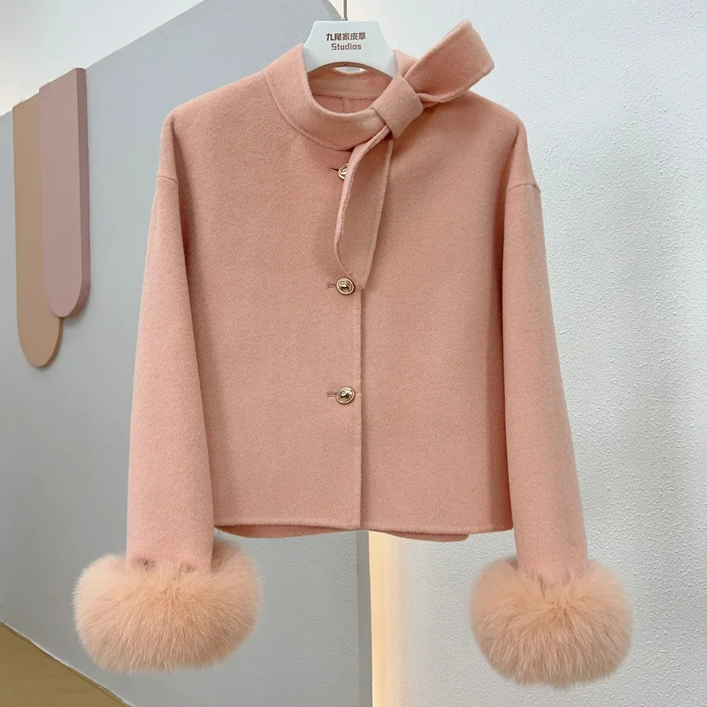 Women's Bow-Neck Short Coat | Fluffy Cuffs & Button Front | Braviixx