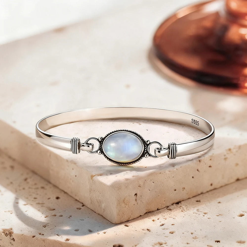 Vintage 925 Silver Natural Oval Moonstone Bangle 7.5 inches Handmade Bangle Fine Jewelry Valentines Gift for Girlfriend Women
