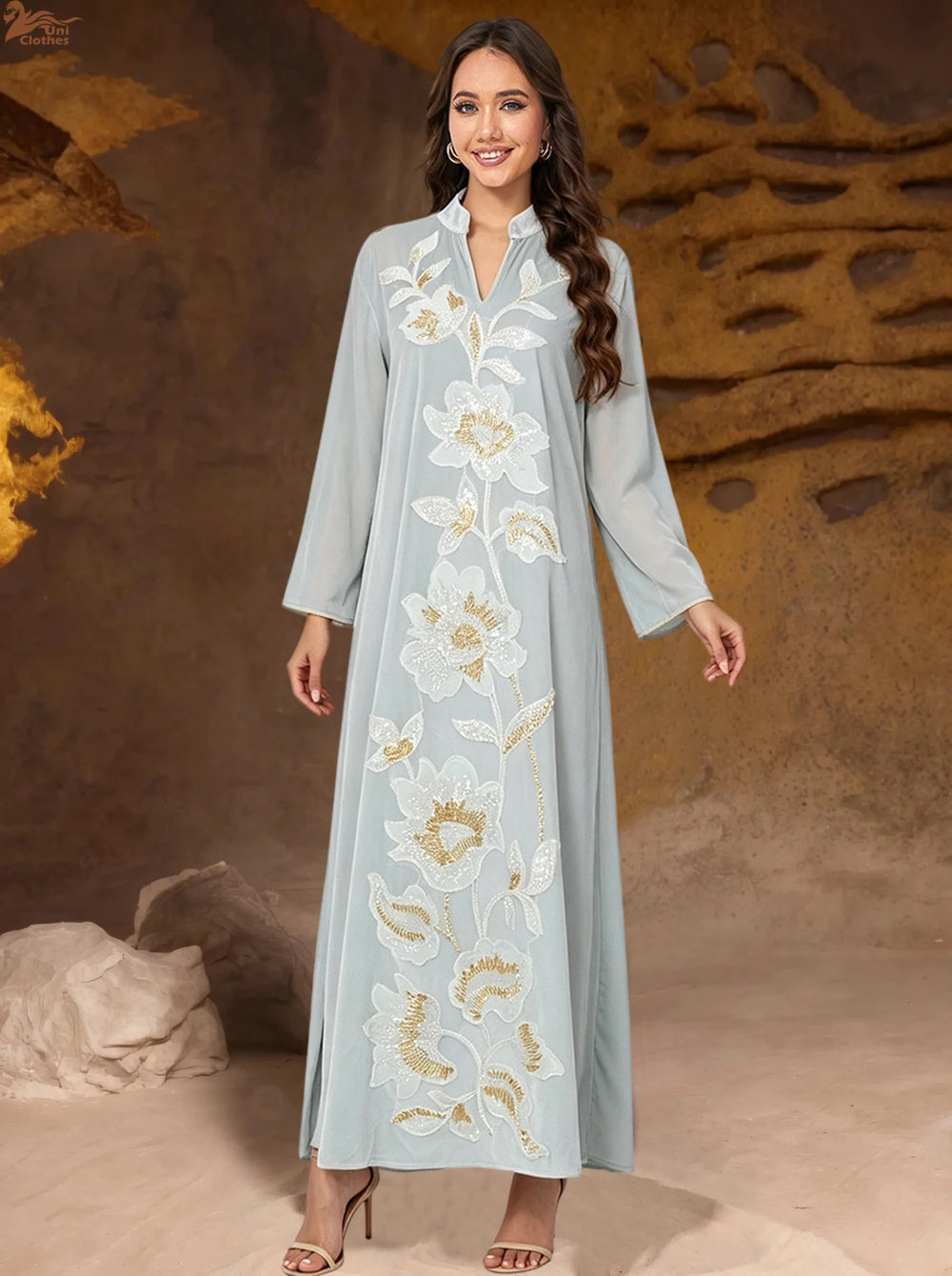 Floral Beaded Velvet Kaftan Dress | Long Sleeves | Braviixx