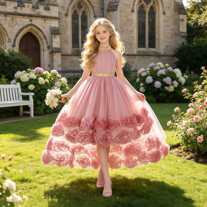 Girls Appliqué Tulle Ball Gown | Sleeveless Princess Party Dress for Wedding, Birthday & Prom