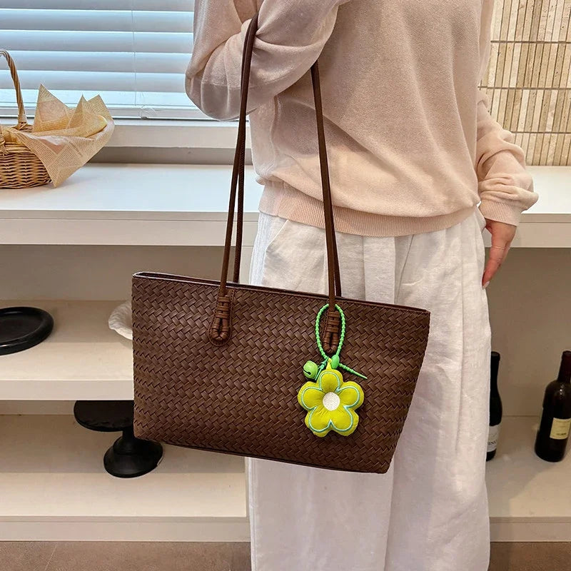 Women's Woven-Look Tote Bag | Flower Pendant & Shoulder Handles | Braviixx