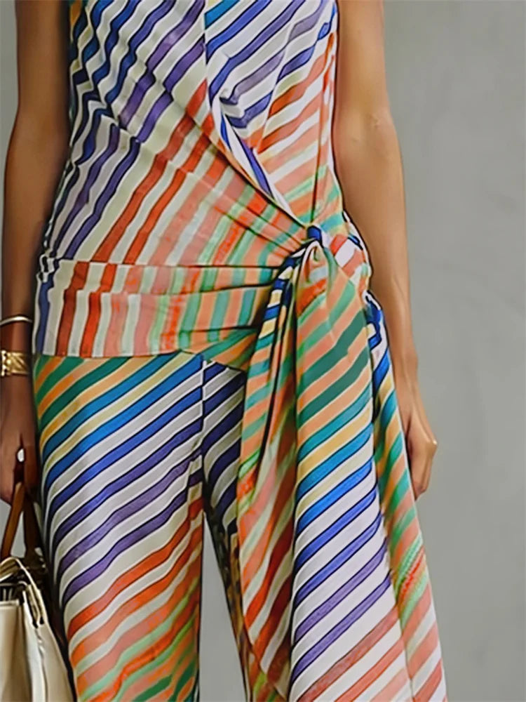 Yeezzi Women's Multicolor Diagonal Striped Palazzo Pants 2026 New Fashion Loose Casual High Waist Wide Leg Trousers Bottoms