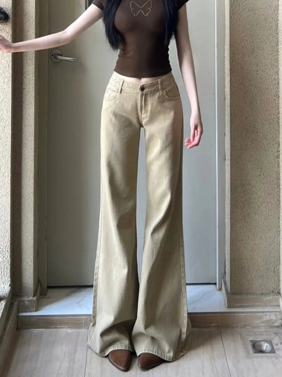 Women Loose Thin Flared Jeans 2026 Classic Female Low Waist Denim Trousers Girls Retro Fashion Khaki Straight Leg Pants