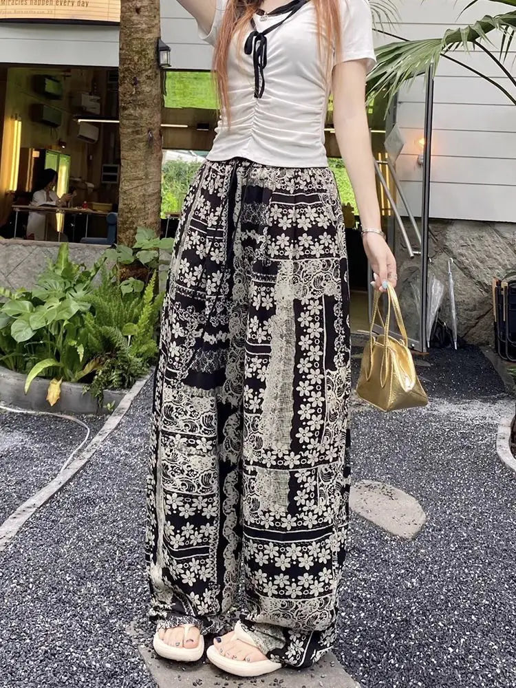 Retro Print Design Palazzo Pants Women's Summer Lightweight Loose Slimming Drapey Plus Size Casual Straight Leg Sports Pants