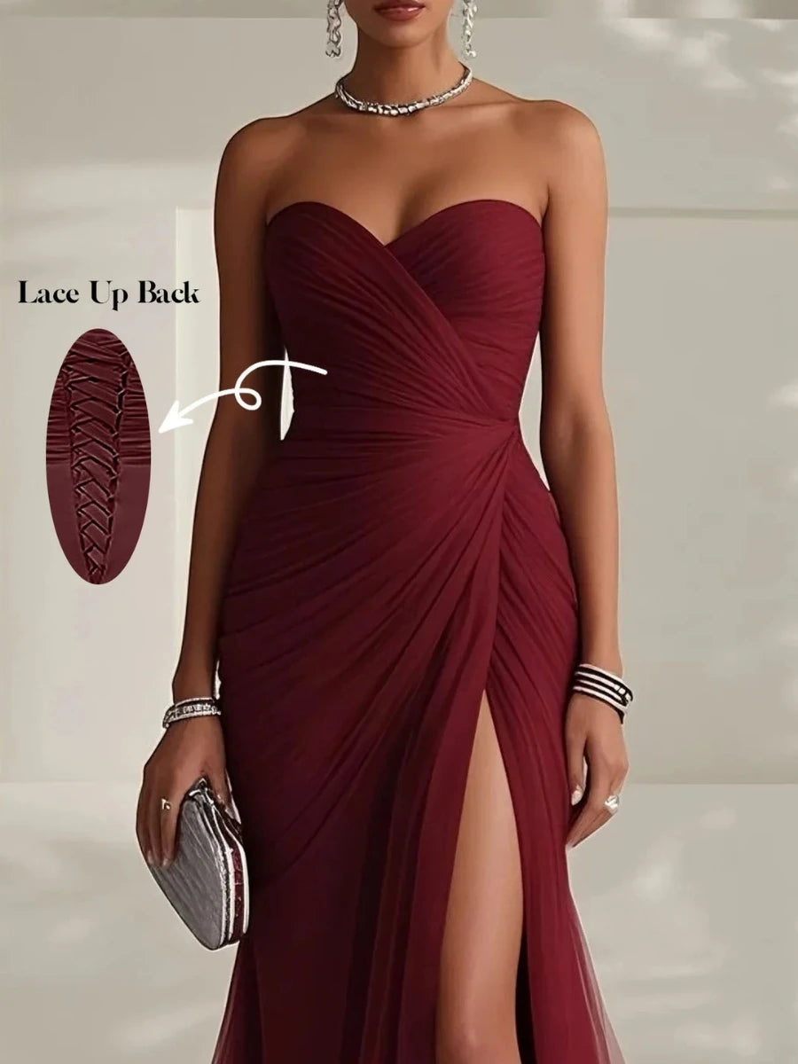 Sweetheart Strapless Ruched Tulle Gown | High Slit Lace-Up Formal Bridesmaid & Wedding Guest Dress