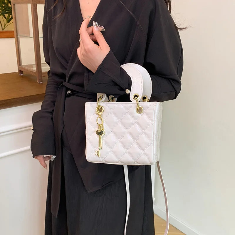 Women's Diamond Quilted Mini Square Handbag | Top Handle · Gold Chain · Crossbody | Black · Burgundy · White | Braviixx