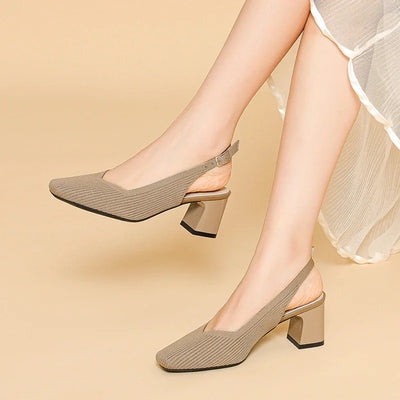 Women's Knitted Breathable Slingback Block Heel Pumps | Square Toe | 10 Colors | EU 34–43