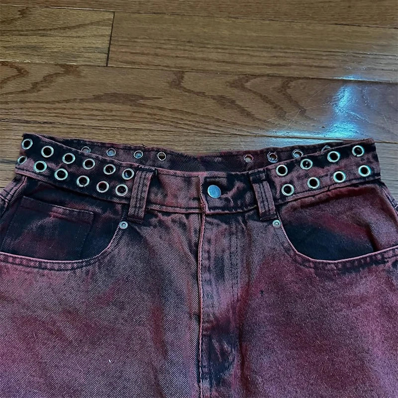 Vintage 2000s Washed Red Rivet Waist Belt Jeans Casual Denim Pants Straight Wide Leg Jeans Harajuku Y2k Women Clothing