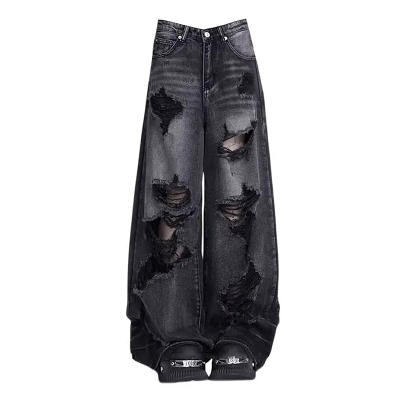 Women's Y2K High Waist Heavy Distressed Wide Leg Jeans · Washed Charcoal Black · S–XXL