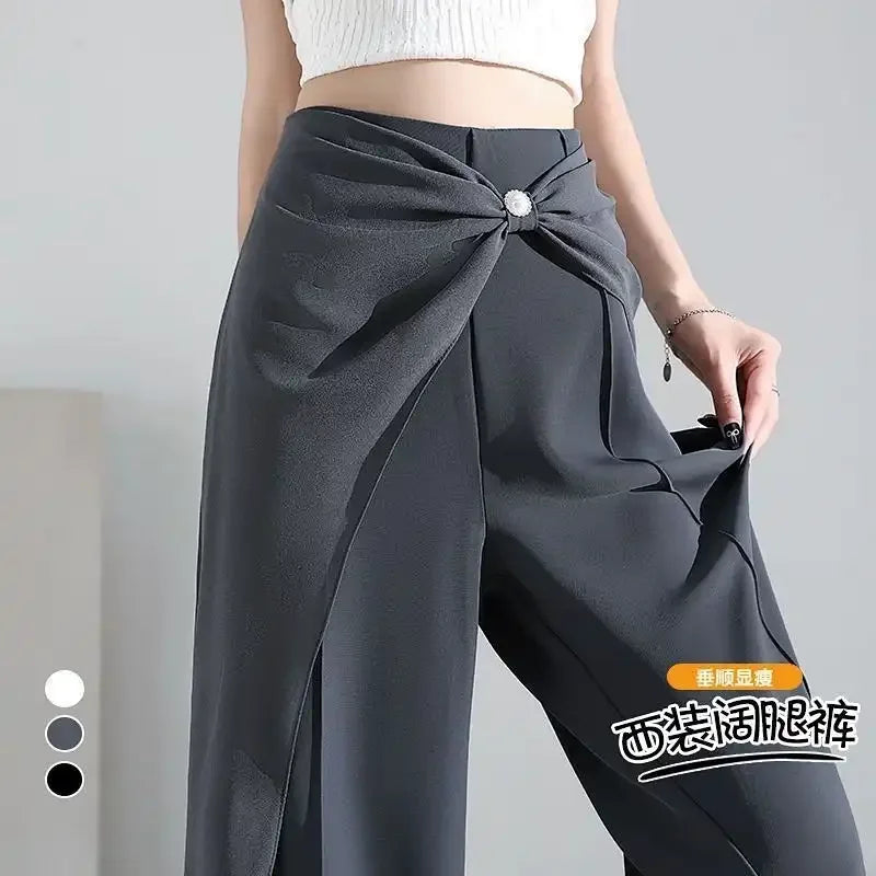 Women's Satin Wide-Leg Pants High-Waisted with Twist Detail Rhinestone Buckle
