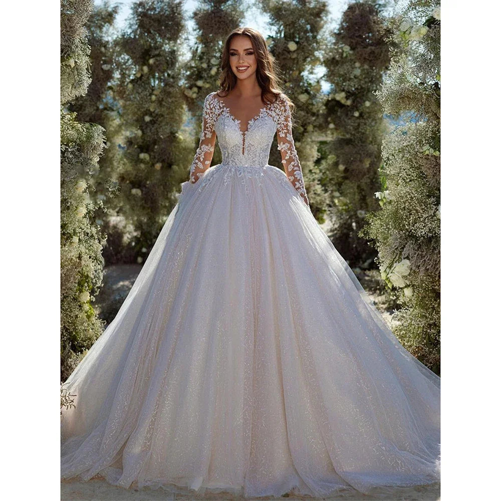 Glitter Tulle Wedding Dress | Floral Illusion Sleeves | Braviixx