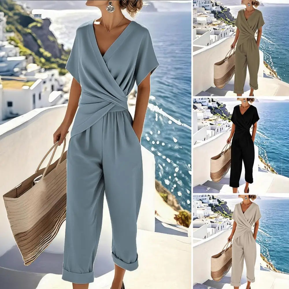 Summer Fashion Solid Women's Two Pieces Set Elegant V Neck Slim Office Suit Casual Pleated Irregular Top And Pants Female Outfit