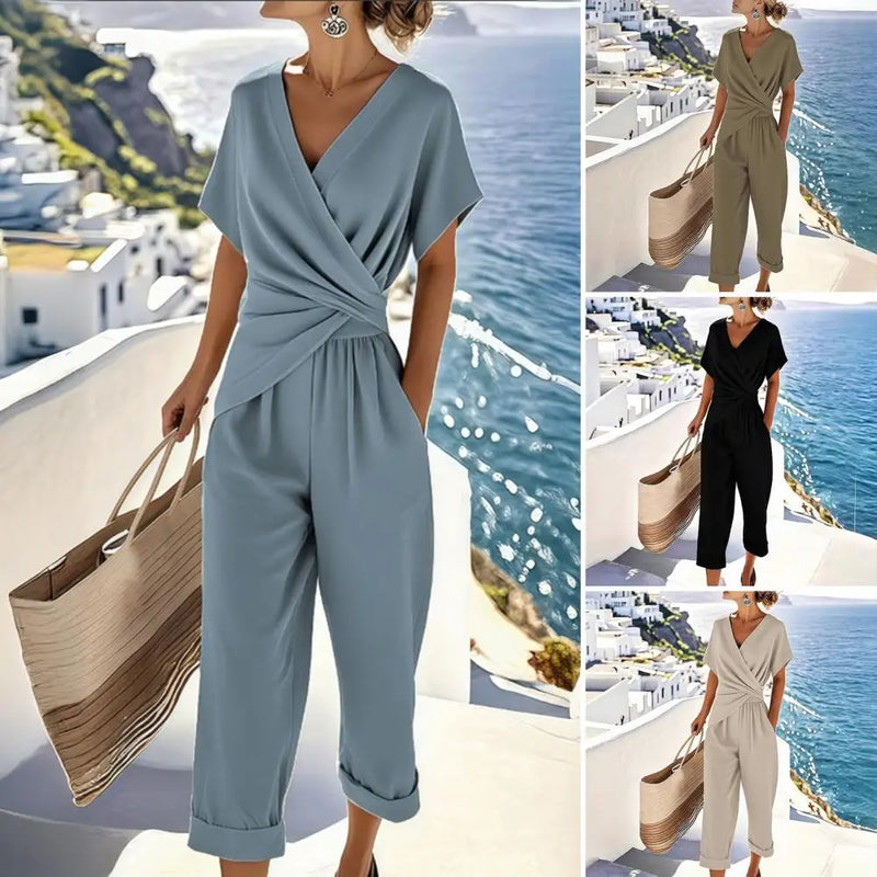 V-Neck Wrap Twist Jumpsuit | Wide-Leg Cropped Batwing Sleeve Romper