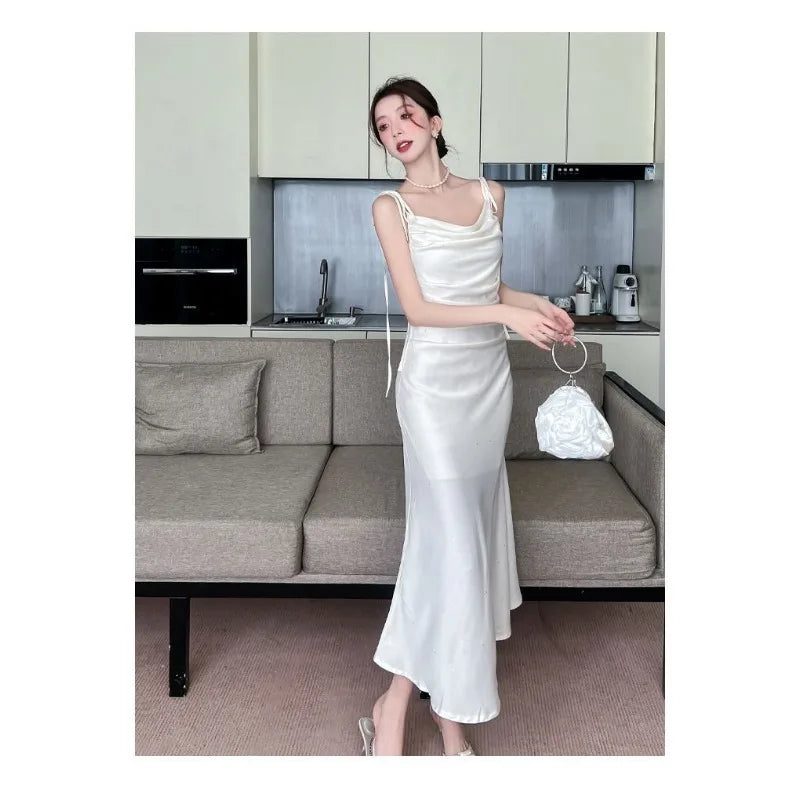 Women French Satin Slip Dress Draped Neck Glitter Slim Mermaid Maxi Dress Summer Party Evening
