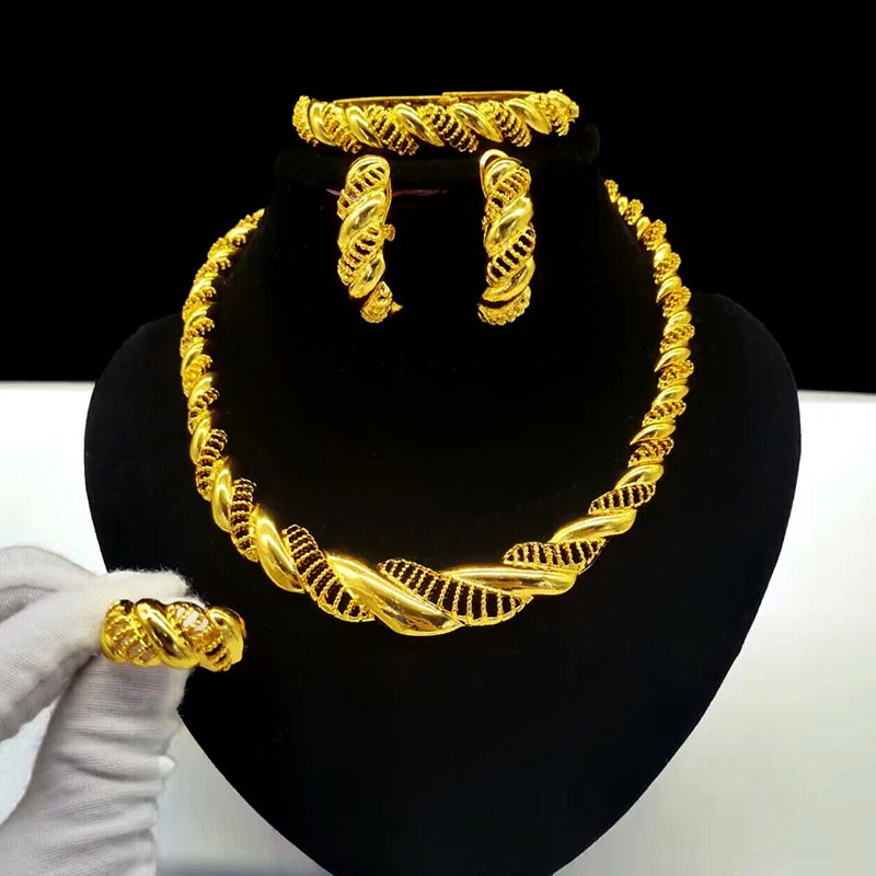 Gold-Tone Bridal Jewelry Set | Necklace, Earrings, Bracelet & Ring | Braviixx