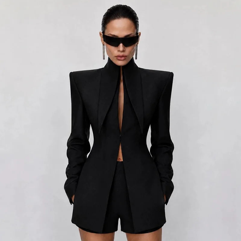 Elegant Blazer Women's Top Shorts Suit Long Sleeve Stand Collar Solid Top Short Pants 2026 Summer Autumn Chic Female Outfits