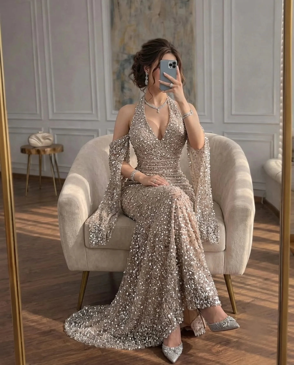 Embellished Halter Mermaid Gown | Draped Arm Detail | Braviixx