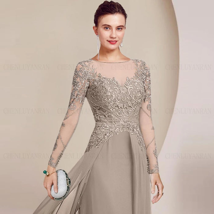 Women's A-Line Chiffon Mother of the Bride Dress | Full Sleeves | Long Formal Wedding Gown | 15 Colours | Sizes 2–26W + Custom