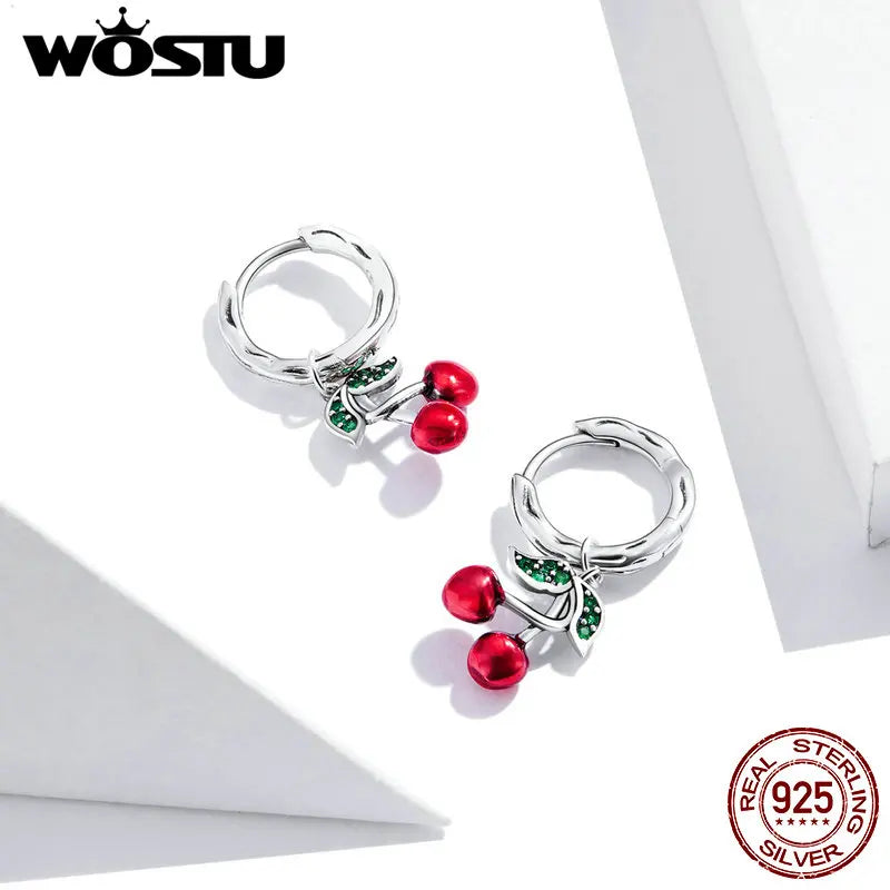 WOSTU 925 Sterling Silver Red Cherry  Drop Dangle Earrings For Women , Wedding Hoops Earrings Women Fine Jewelry GIft