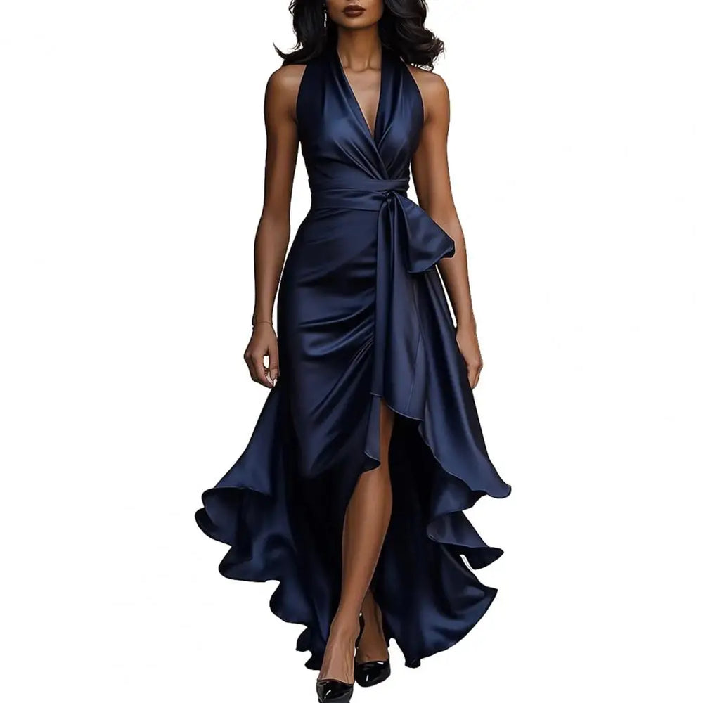 Satin-Look Halter Dress | Ruffle High-Low Hem & Tie Waist | Braviixx