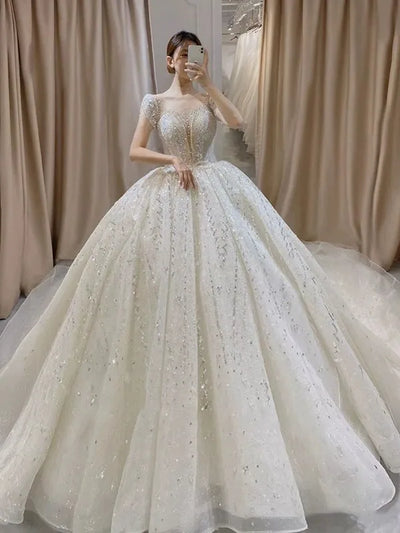 Lace & Beaded Wedding Ball Gown | Cap Sleeves | Braviixx