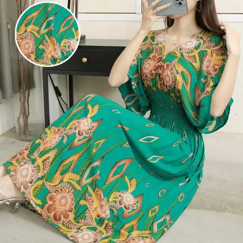 Vintage Print Midi Dress | V-Neck & Shirred Waist | Braviixx
