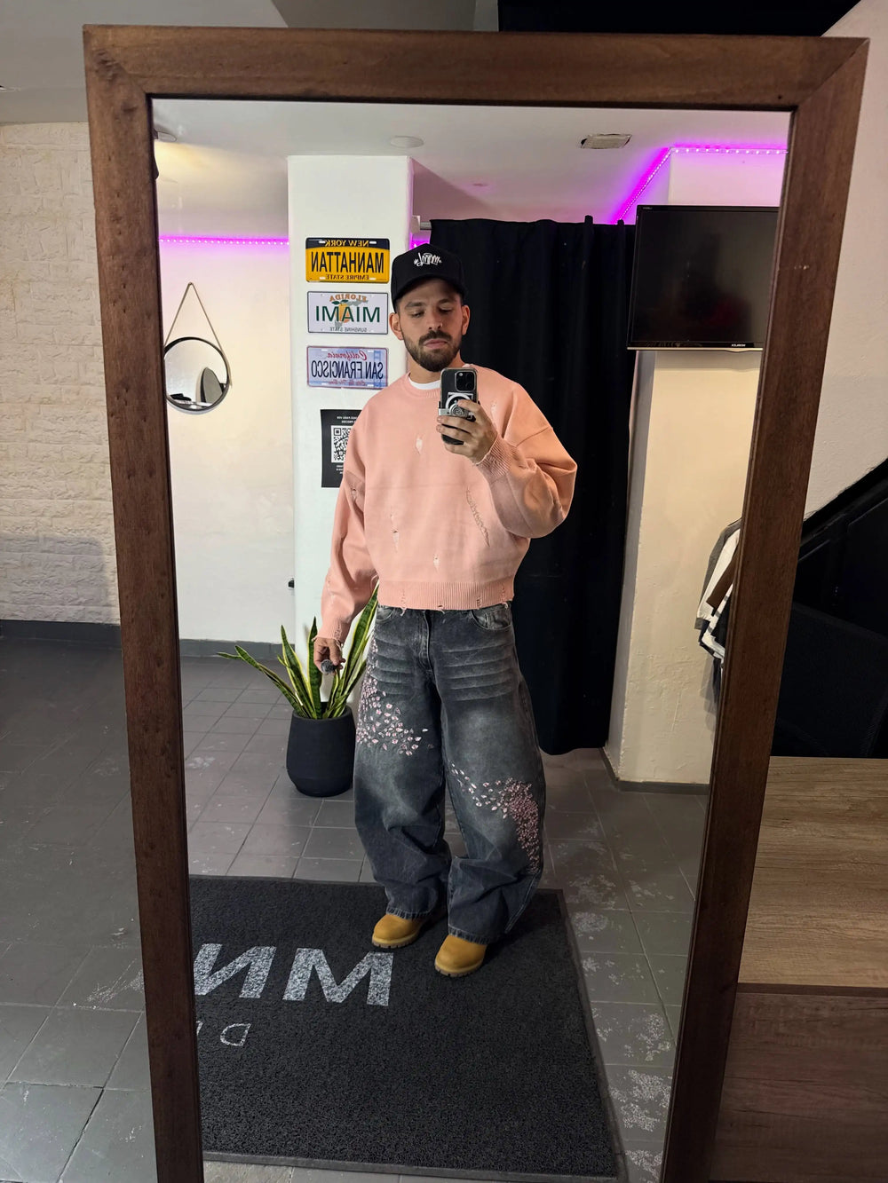 2026 Gray and White Retro Low Waist Hip Hop Cherry Blossom Embroidered Jeans Wide Leg Pants Y2K Clothes Men Women Loose Jeans