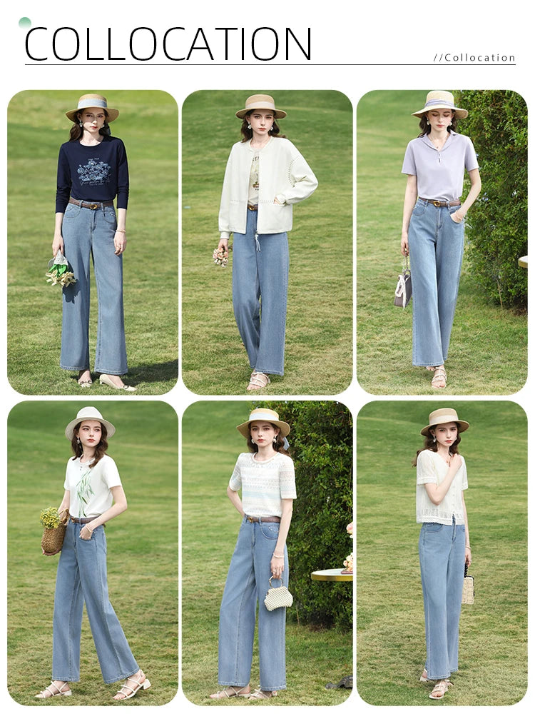 I BELIEVE YOU Light Blue Wide Leg Jeans 2026 Spring High Waist Loose Fit Pants Beading Straight Leg Denim Pants 2261166334