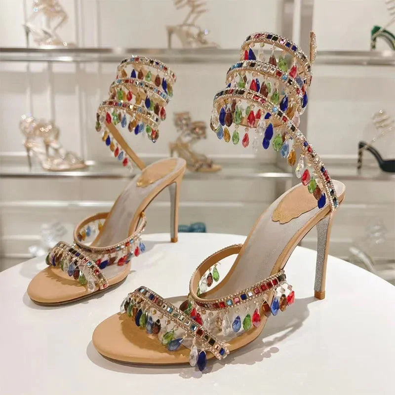 Sesy High Heels Sandals Women Rhinestone Pendant Snake Twine Around Twine Ankle Strap Pray Shoes Stiletto Summer Sandals Woman