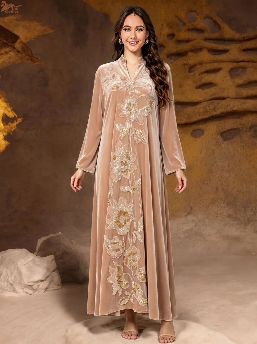 Floral Beaded Velvet Kaftan Dress | Long Sleeves | Braviixx