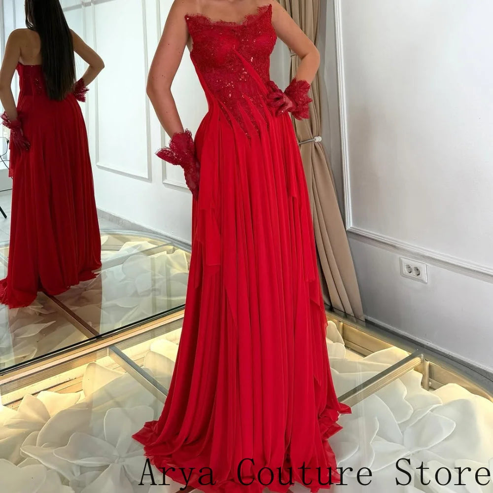 Red Wedding Guest Formal Dress Strapless Scalloped Lace Neckline Sparkly Sequin Embellished Bodice Cascading Draped Chiffon
