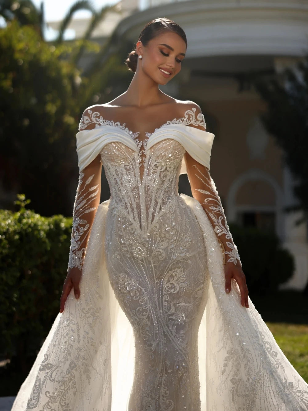 Beaded A-Line Wedding Dress | High Neck & Long Sleeves | Braviixx