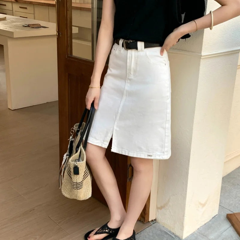 Women's Off White With Belt Denim Mini Skirts Summer 2026 Fashion High Waisted Casual Split A-line Jeans Skirt Female