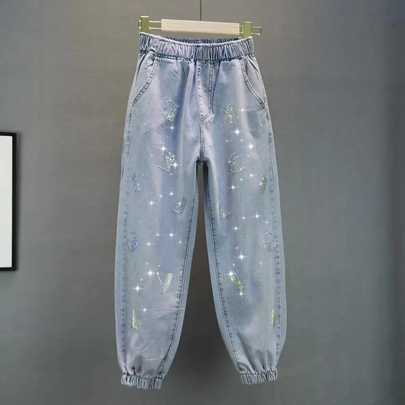 Women's Rhinestone Letter Elastic Waist Jogger Jeans · Light Blue · S–XXXL