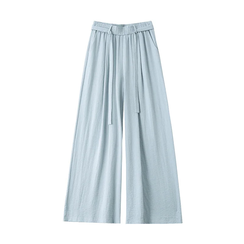 Cotton Linen Wide-Leg Pants 2026 Women Summer Casual Solid Holiday Pants Feet Cool Breathable Ice Silk Drape Mop Straight Pants