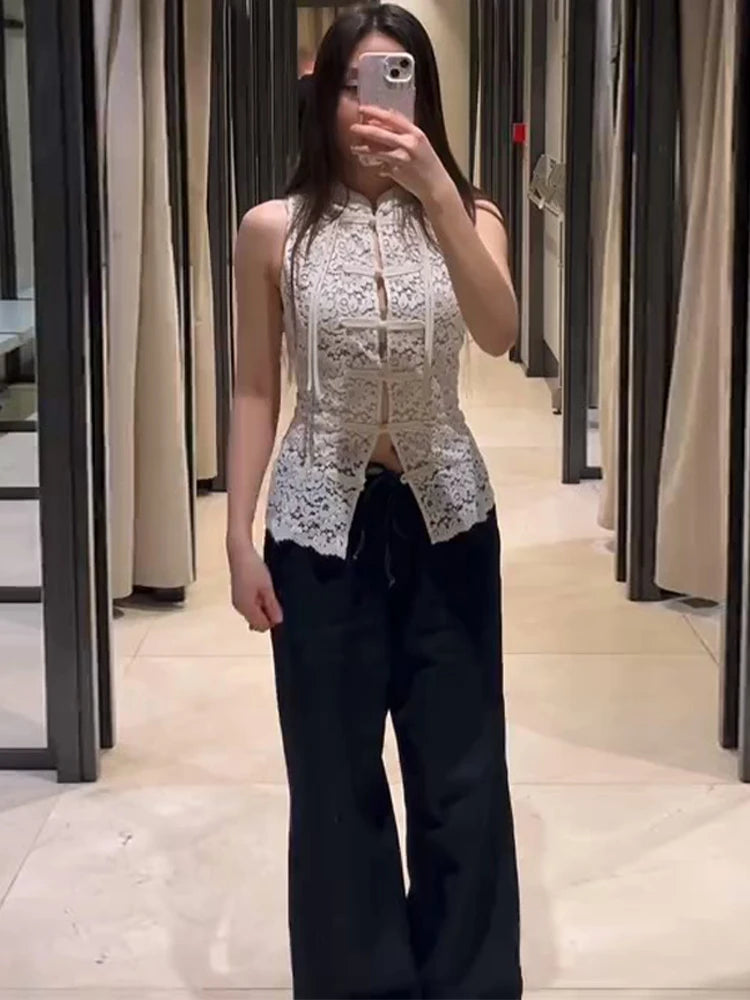 Women White Lace Cheongsam Top Sleeveless Stand Collar Chinese Frog Button Vintage Style Blouse 2026 Lady Casual Streetwear Top