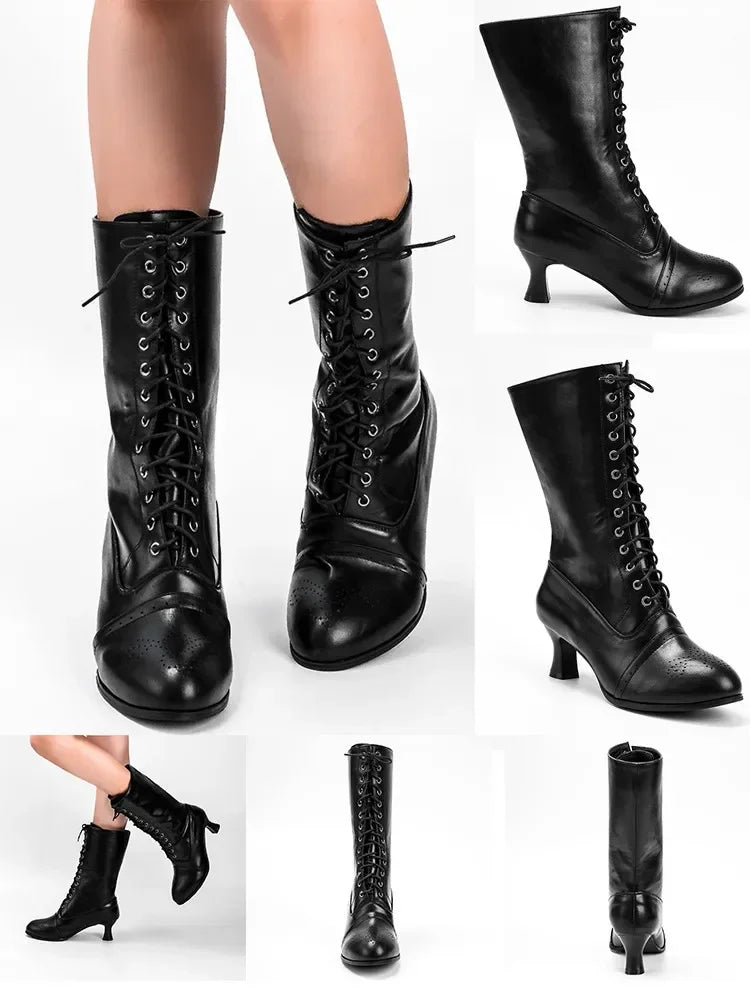 Women's Black Lace-Up Calf Boots | Vintage-Inspired Heel | Braviixx