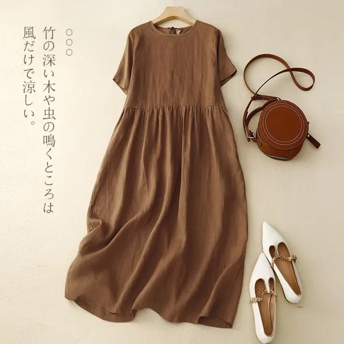 Women's Linen Cotton Casual Dress Round Neck Short Sleeve A-Line Loose Summer Maxi Dress