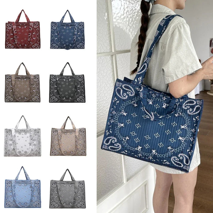 Vintage Bandana Paisley Print Tote Bag | Large Capacity Quilted Shoulder Bag