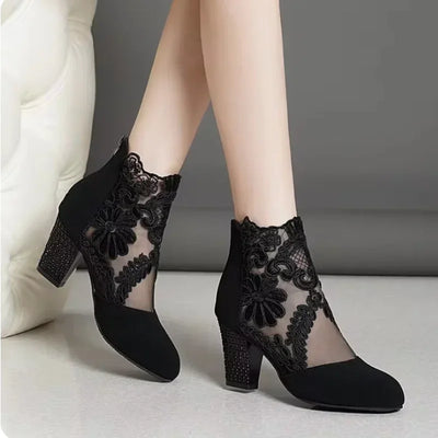 Women's Floral Lace Ankle Boots | Embellished Block Heels | Braviixx