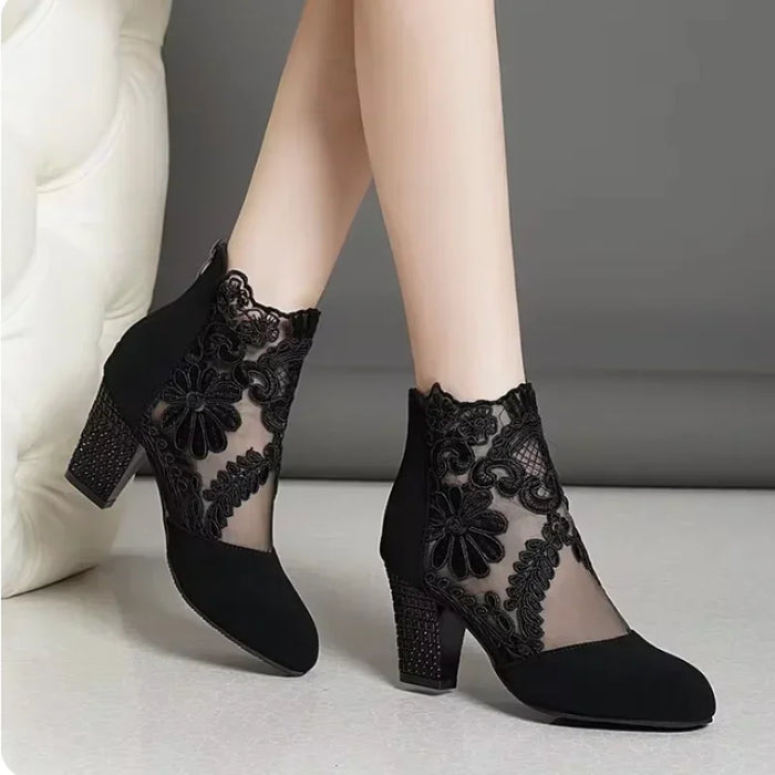 Women's Floral Lace Ankle Boots | Embellished Block Heels | Braviixx
