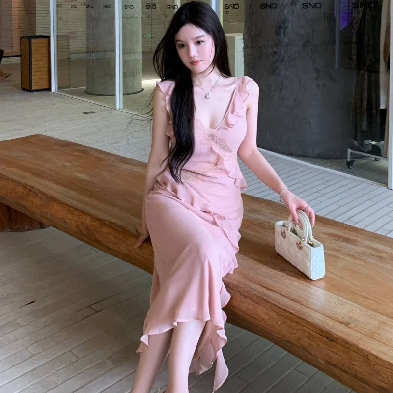 Women Slip Long Dress Lady Pink Lace Panel Slim Fit Ruffled Mermaid Dress Female Summer Alluring Bodycon Maxi Vacation Dress