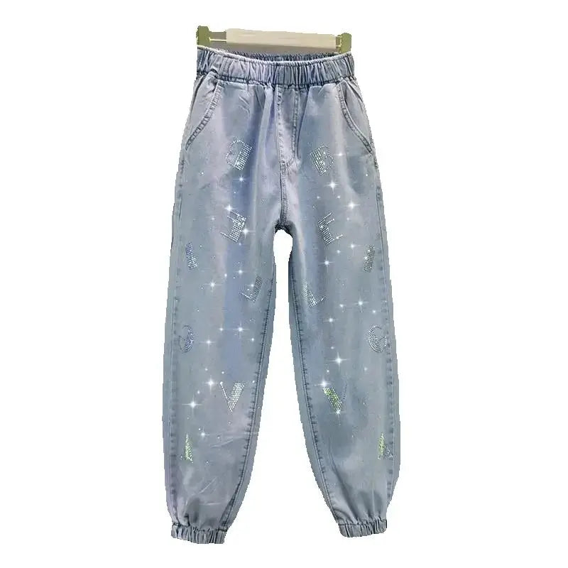 High waisted Jeans For Summer 2026 New Loose Elastic waist Hot pressed Diamond Pants Women's Casual Denim Trousers